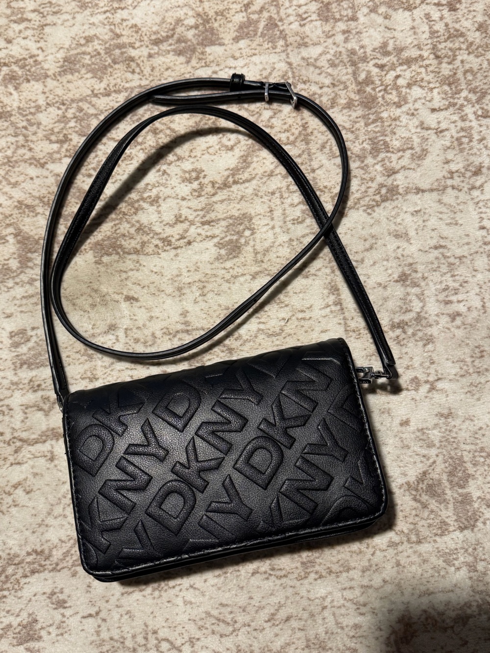 DKNY Embossed Black Leather Crossbody Card Case